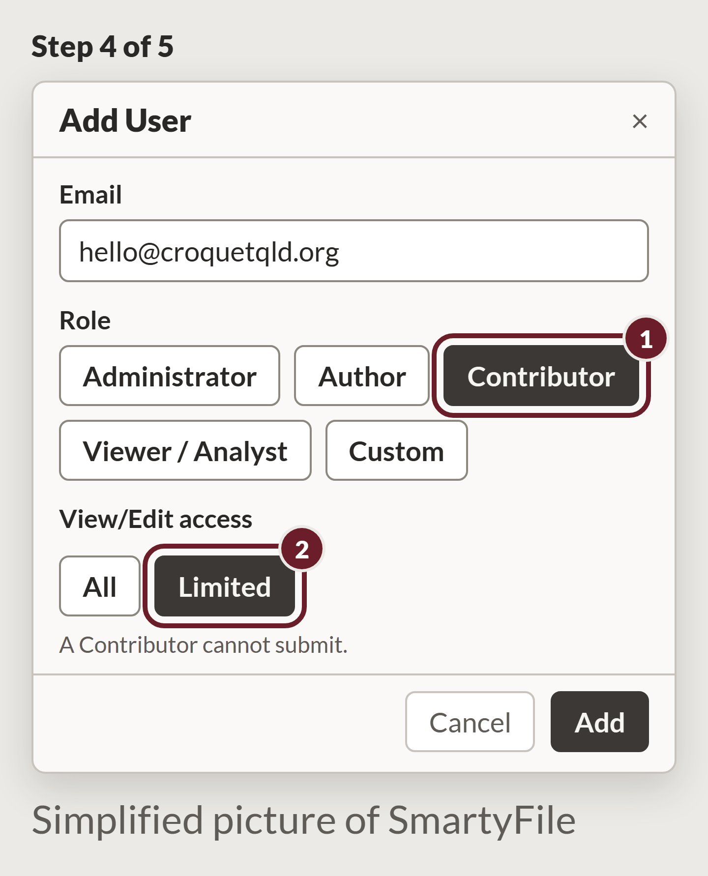 Choose the Contributor role (some sites call it Collaborator). Give us access to only this application: Limited.
