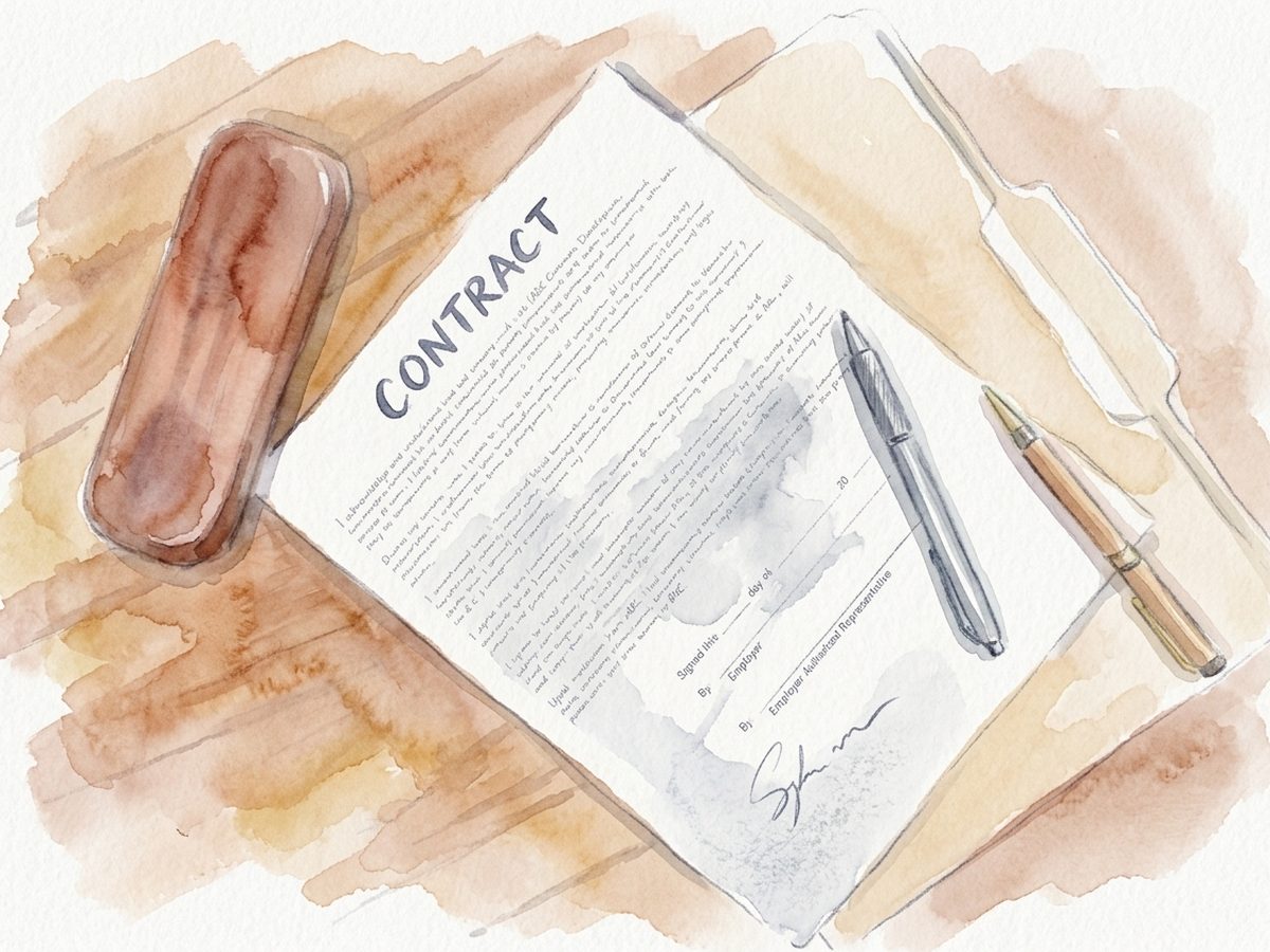 A signed contract document on a clipboard, with pens laid across it.