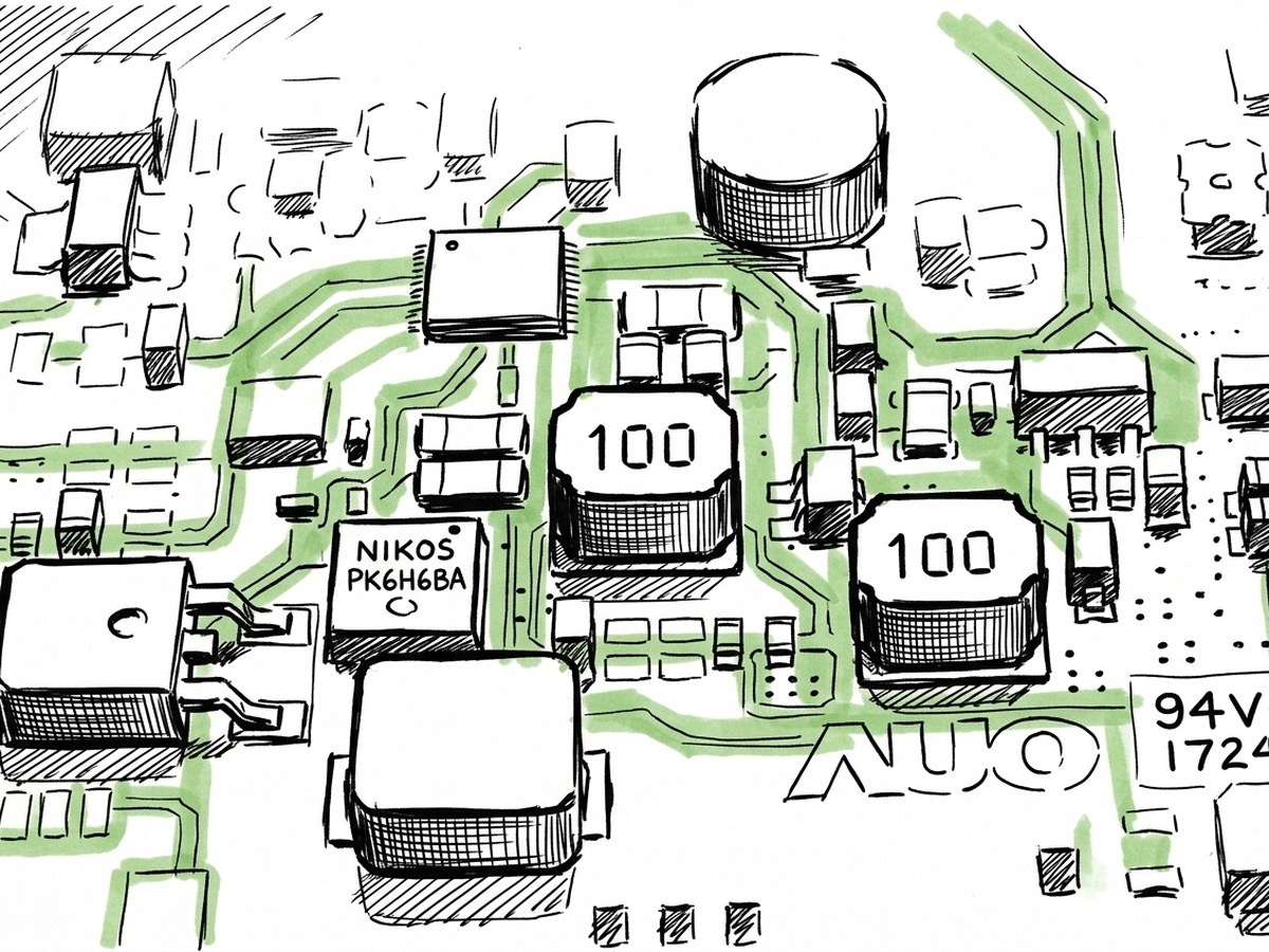 A close-up of a computer circuit board, tracks running between the chips and capacitors.