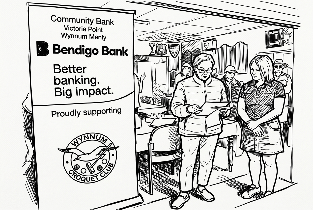 Wynnum Croquet Club banner beside a Community Bank Victoria Point Wynnum Manly banner at a presentation, ink drawing
