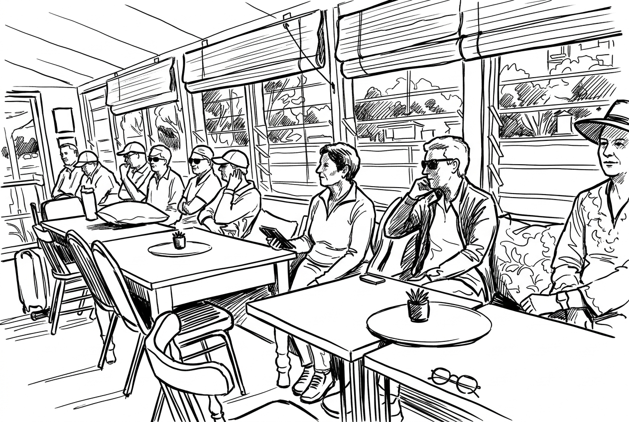 Club members seated in a clubroom, ink drawing