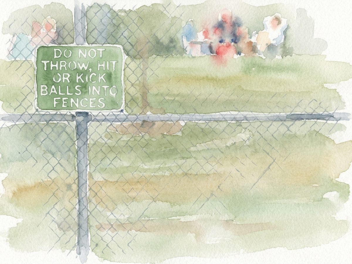 A sign wired to a chain-link fence reading "Do not throw, hit or kick balls into fences".