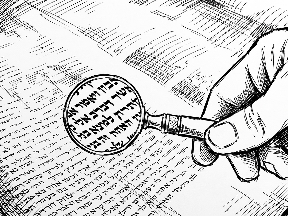 A hand holding a magnifying glass over a dense page of printed text.