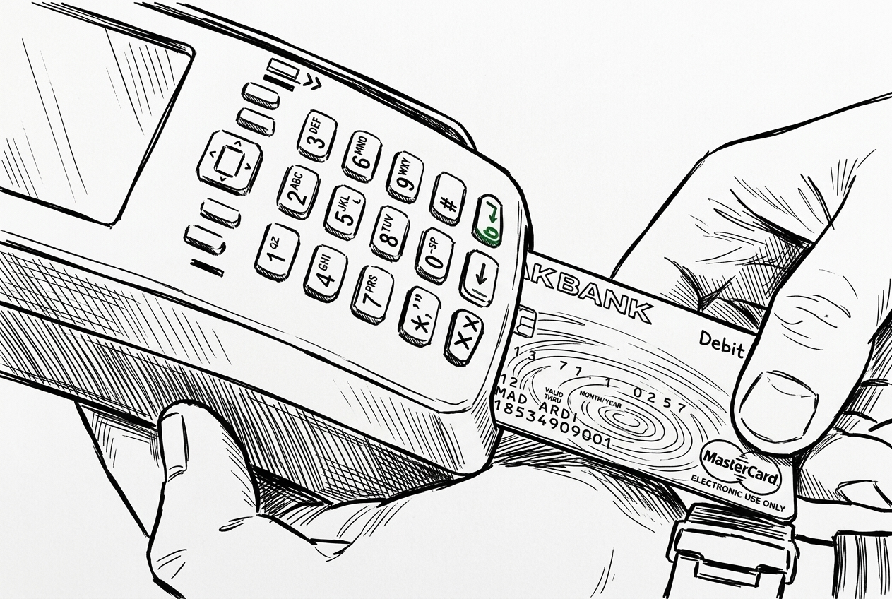 A debit card going into a handheld card machine, ink drawing