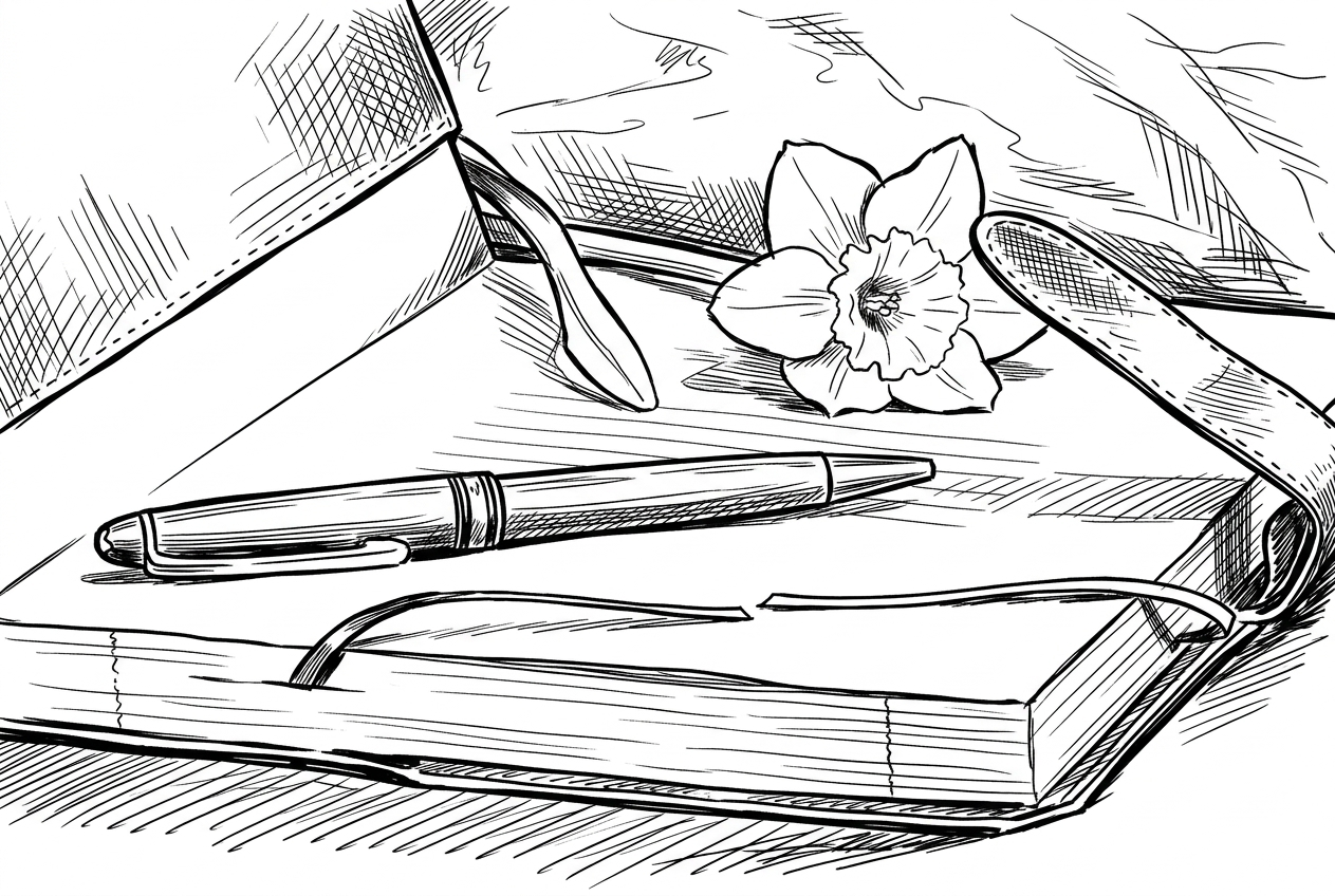 An open ledger book of accounts, ink drawing