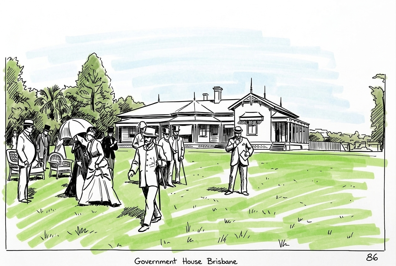 Men in top hats and women in long dresses walk across the lawn at Government House Brisbane around 1901.