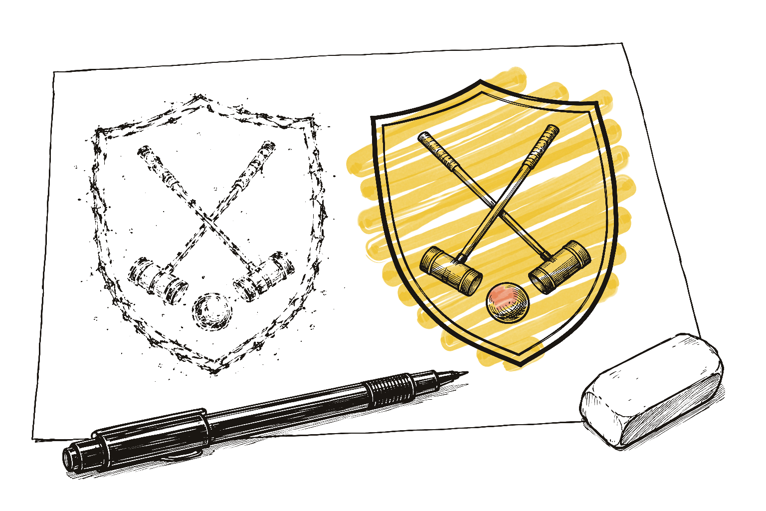 Ink drawing of a rough, smudged club crest beside a crisp, clean redrawn version of the same crossed-mallets crest, with a pen and eraser on the sheet.