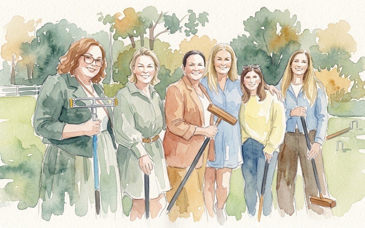 A group of club members standing together on a croquet lawn with mallets, smiling and relaxed.