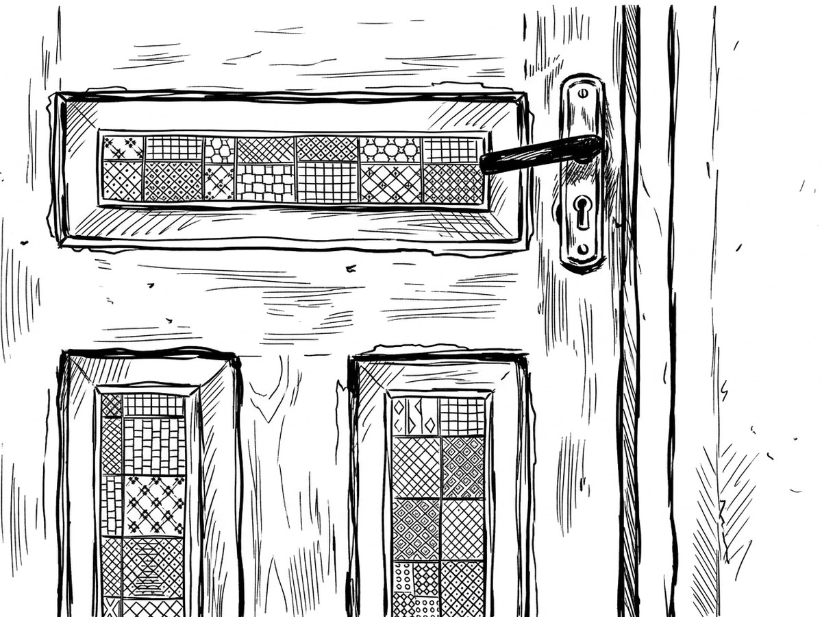 A panelled front door with a letterplate and a handle.