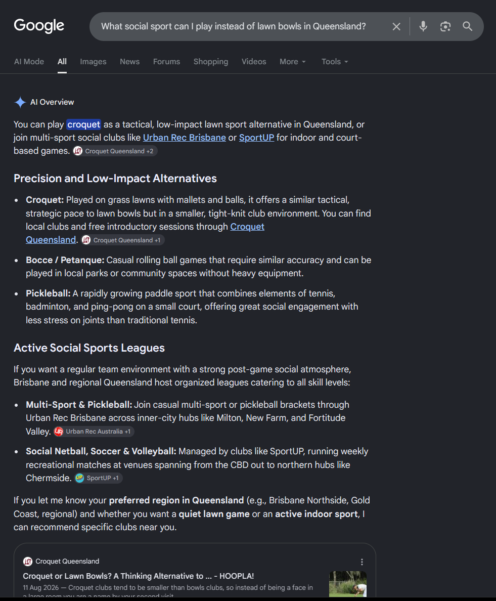 Google AI Overview, 9 September 2026. Croquet is the first answer and the source is Croquet Queensland.