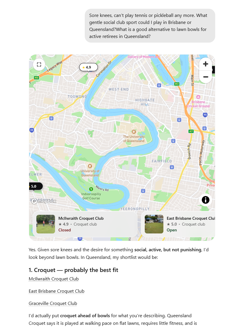 ChatGPT, 9 September 2026: "Croquet, probably the best fit", with Brisbane clubs starred 4.9 and 5.0 on the map and Croquet Queensland as the source.