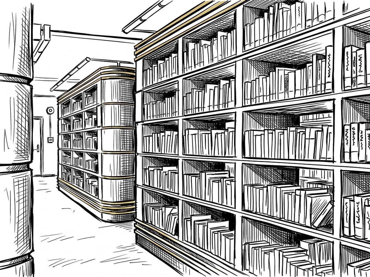 Library shelves running back into the distance, packed with books.