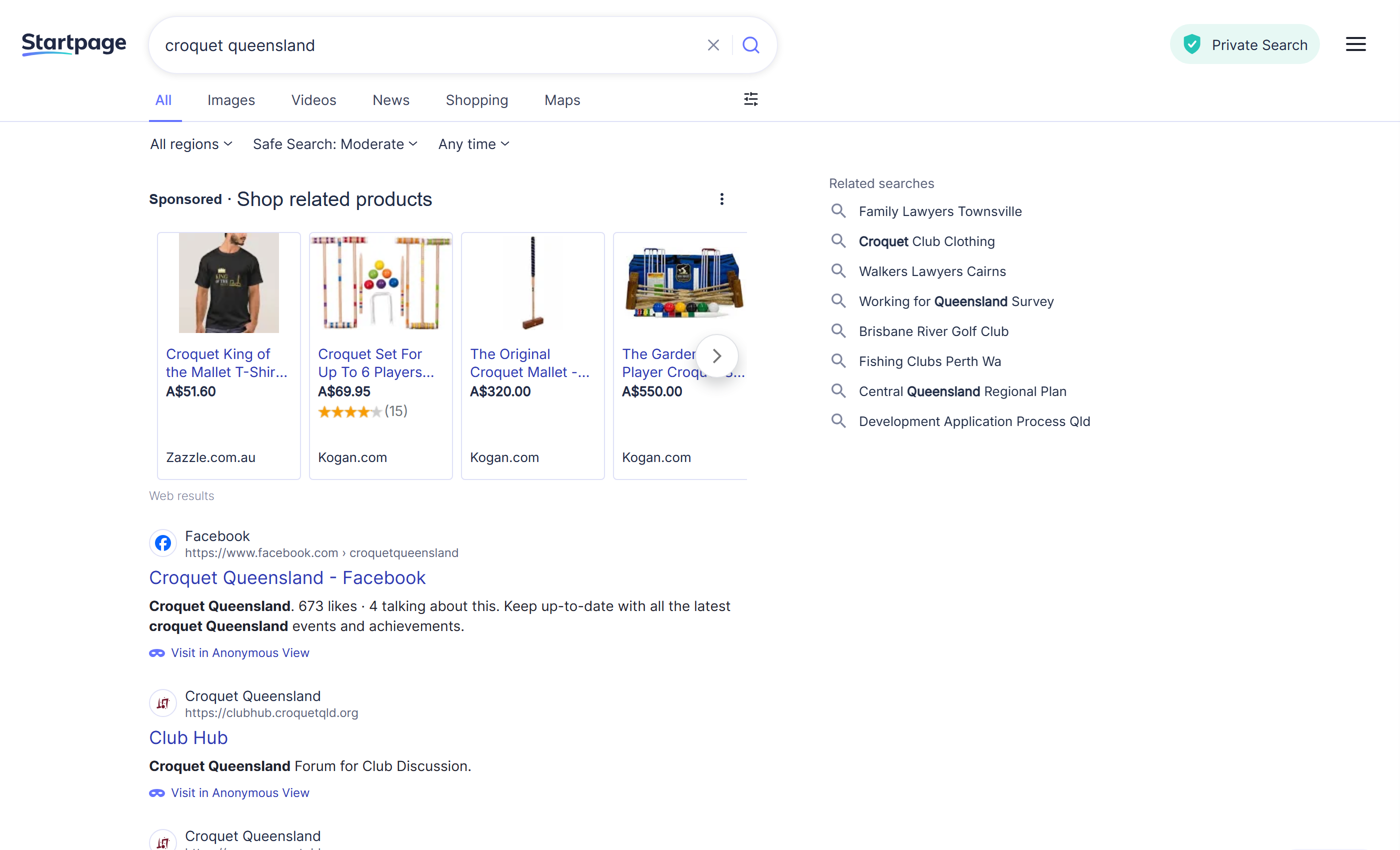 Google results for "croquet queensland", 19 June 2026. croquetqld.org is not on the page.