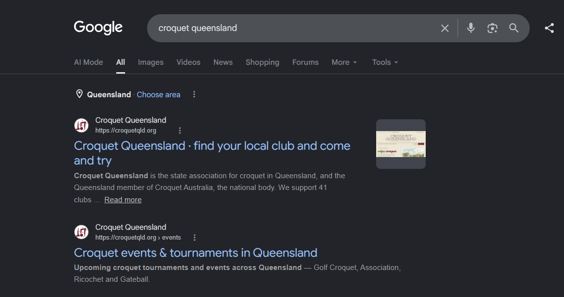 The same search, 9 September 2026. croquetqld.org is first and second.