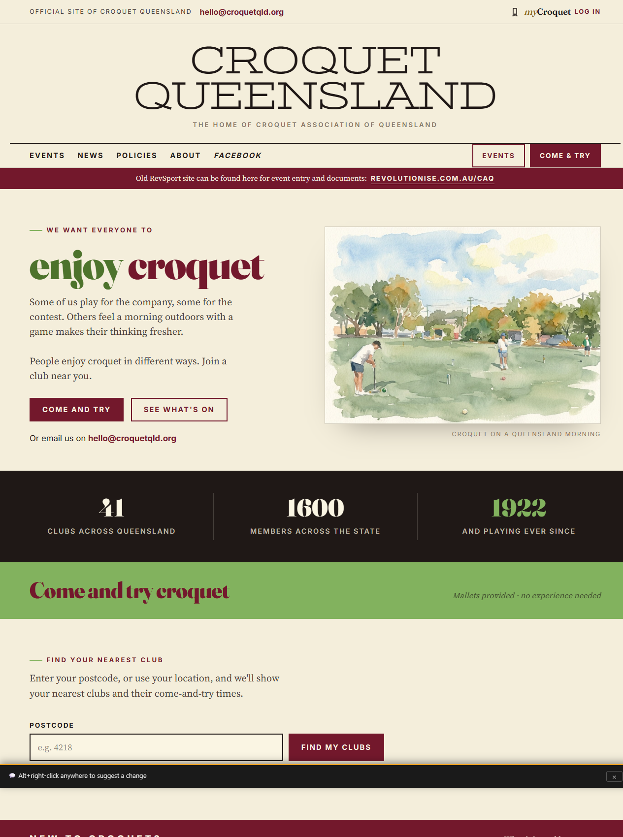 The croquetqld.org homepage on 9 September 2026.