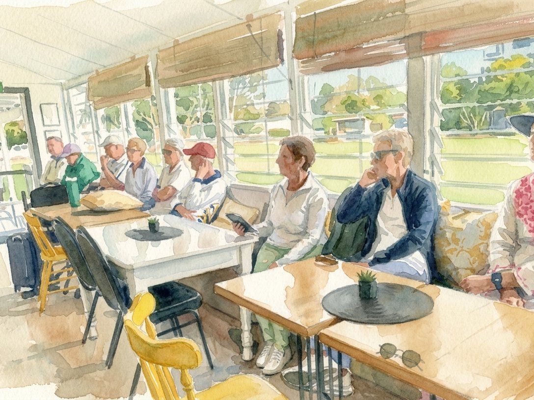 Club members seated along a clubroom window, listening to someone speak.
