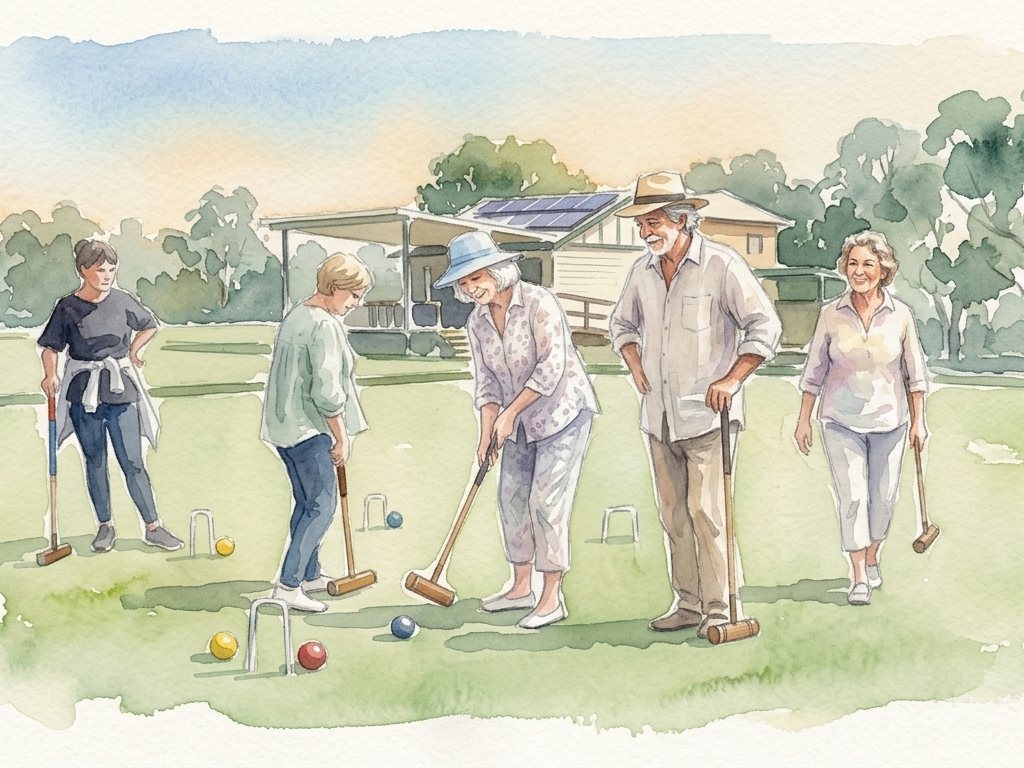 Five people on a lawn with mallets, one taking a shot while the others watch.