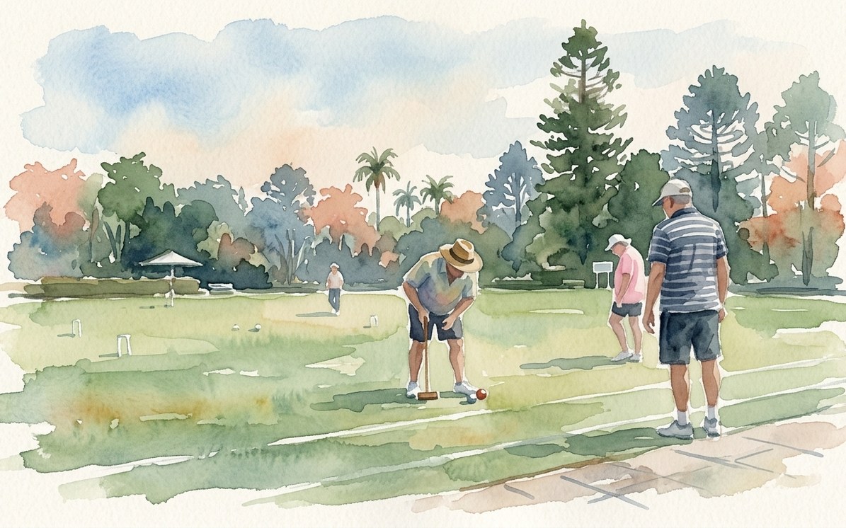 A croquet player bent to line up a shot on a wide lawn, another player turned away watching, under tall trees.