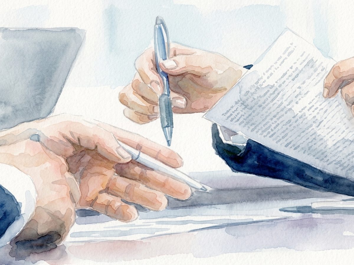 Two people reviewing a printed document together, one holding a pen.