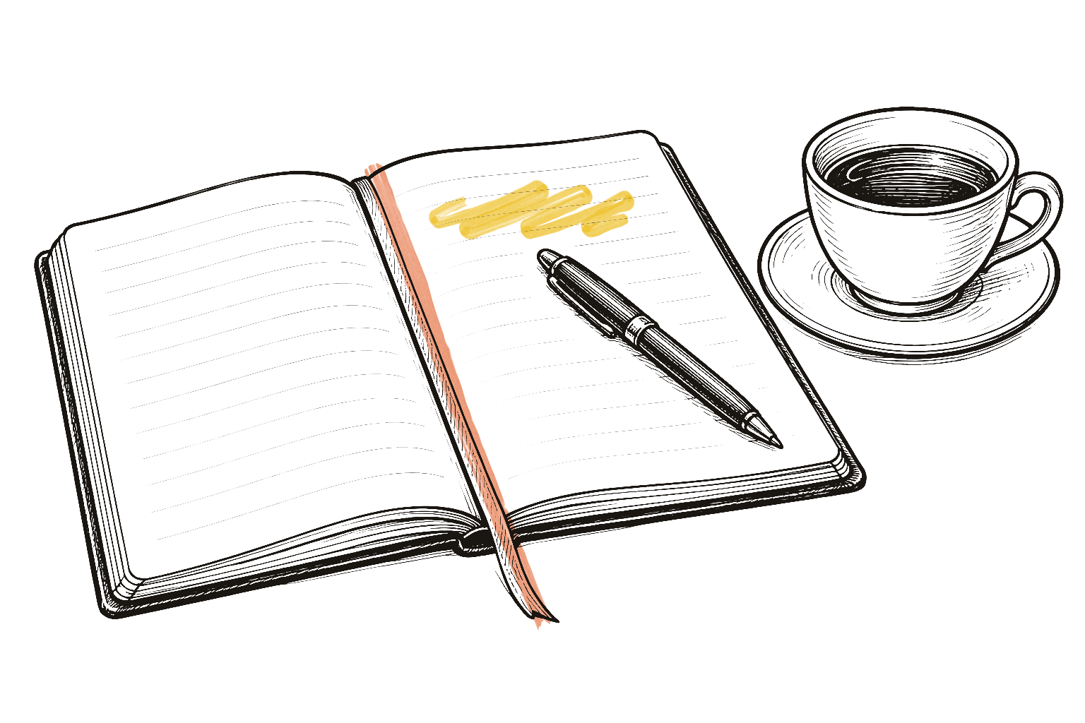 Ink drawing of an open diary with a pen on its pages and a cup of tea on a saucer beside it.