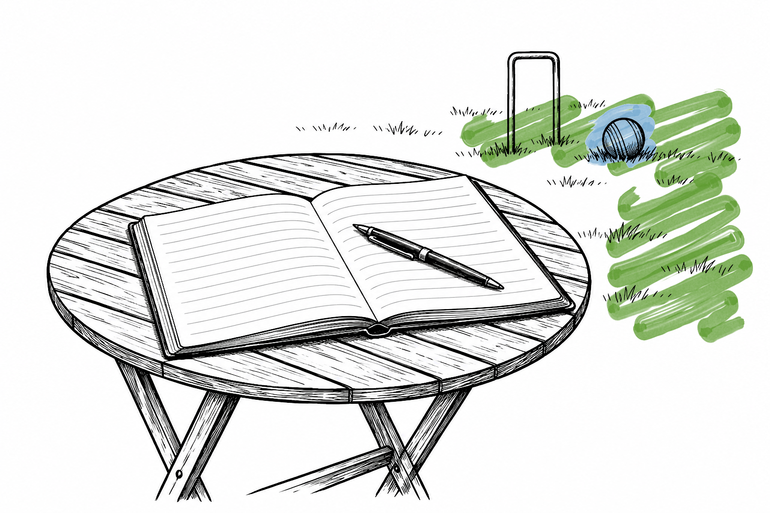 Ink drawing of an open sign-in book and pen on a round outdoor table beside a croquet lawn with a hoop and ball.