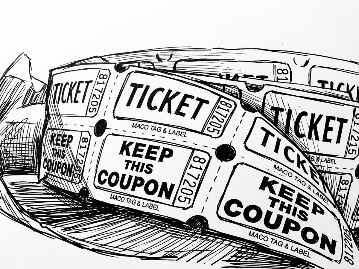 A roll of numbered event tickets, each stub reading "keep this coupon".