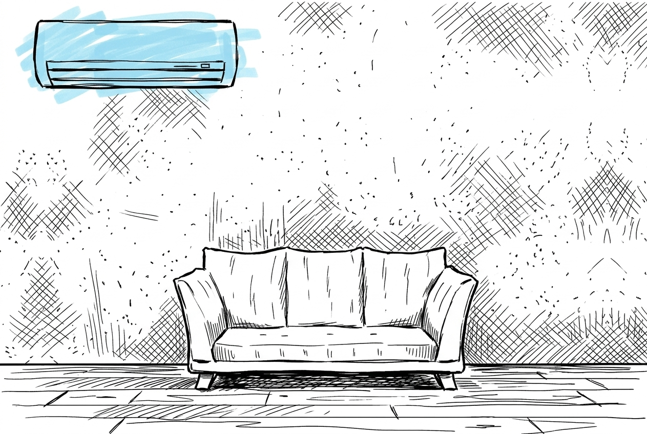 A split-system air-conditioner high on a room wall above a couch.