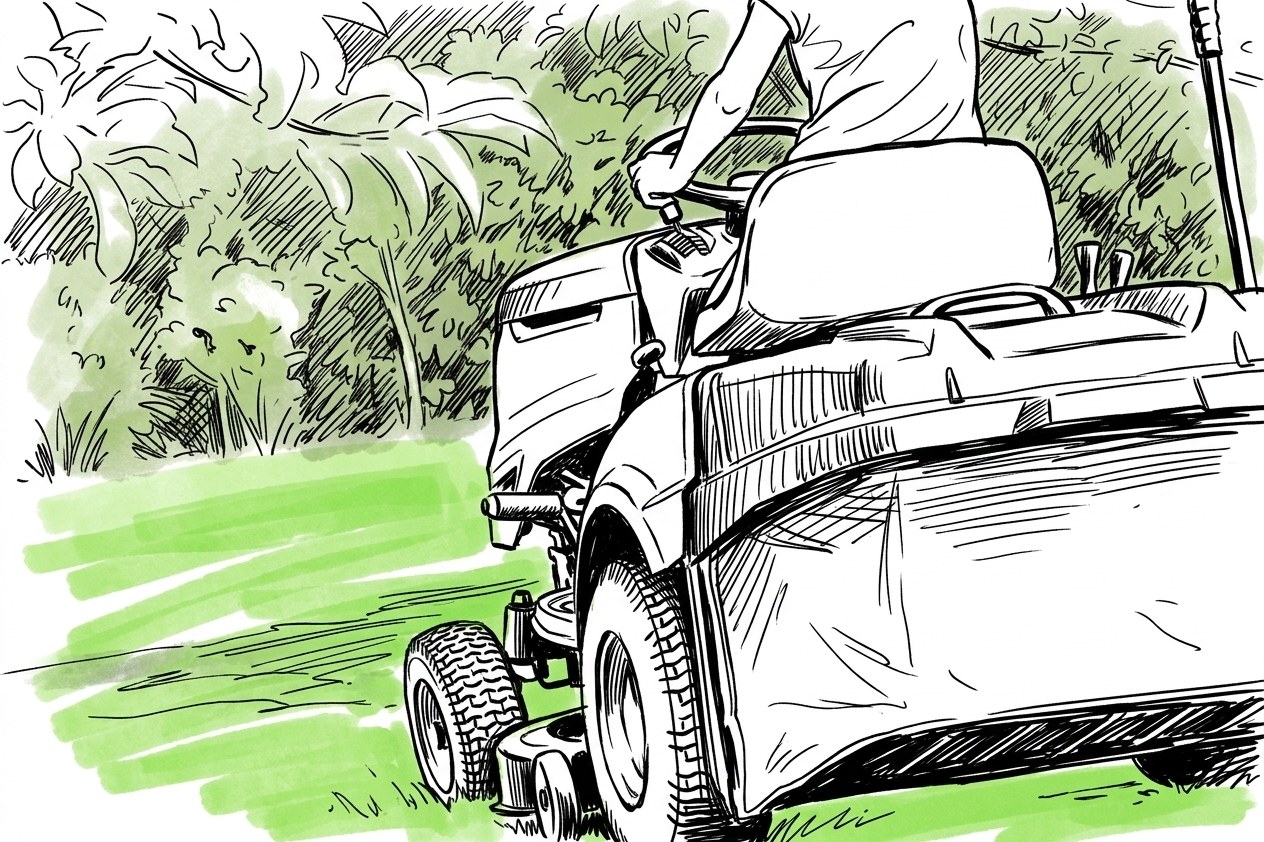 A ride-on mower cutting stripes across an open lawn, bushes behind.