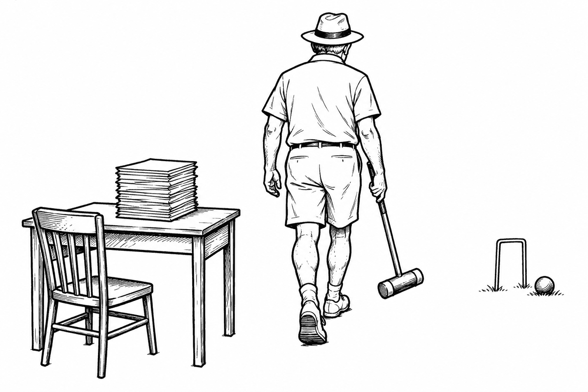 Ink drawing of a man in a sun hat walking away from a desk with a tall pile of forms, carrying a croquet mallet toward a hoop on the lawn.