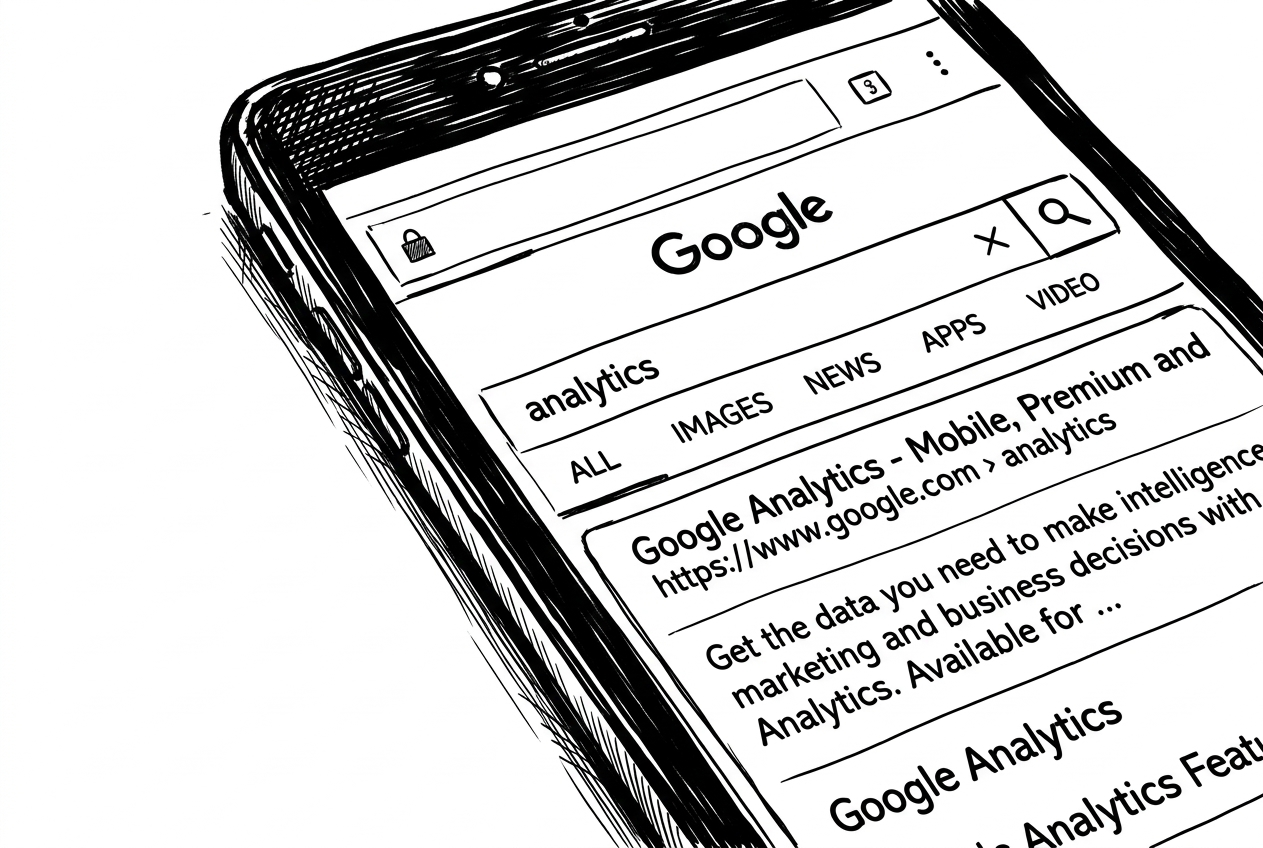 Line drawing of a phone showing a Google search results page.