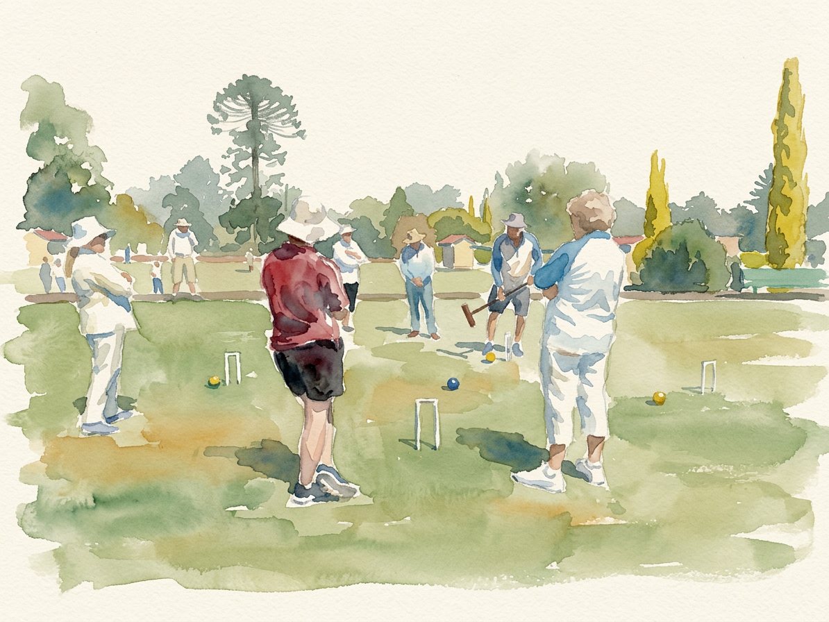 A group of club members gathered on the lawn, one player striking while the others watch.