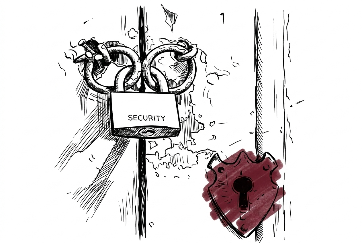 A padlock and chain fastened through a door bracket, a keyhole shield beside it.