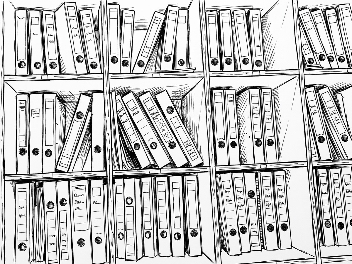 Shelves of ring binders and archive files, filed side by side.