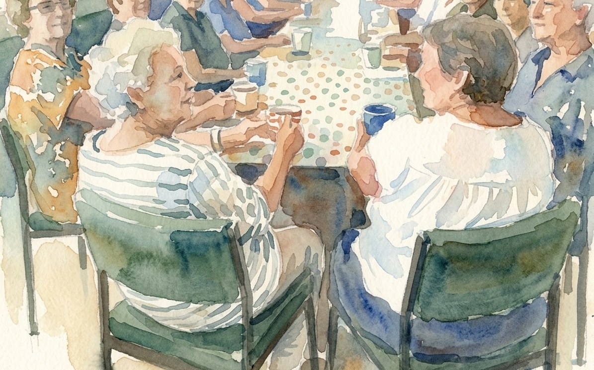 A long clubroom table after play, members either side with mugs in hand, mid-conversation.