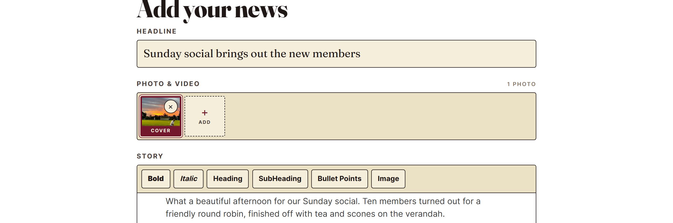 The Add your news form with a headline typed in and one photo added, marked as the cover.