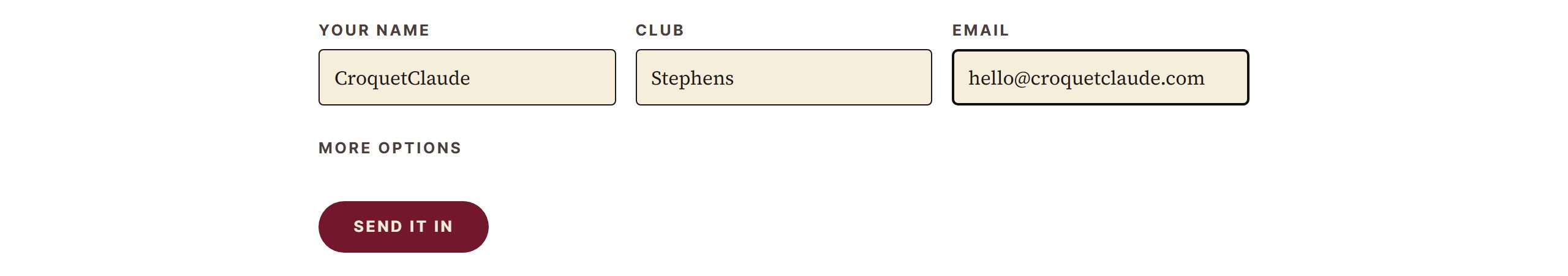 The name, club and email boxes filled in, with the Send it in button below.