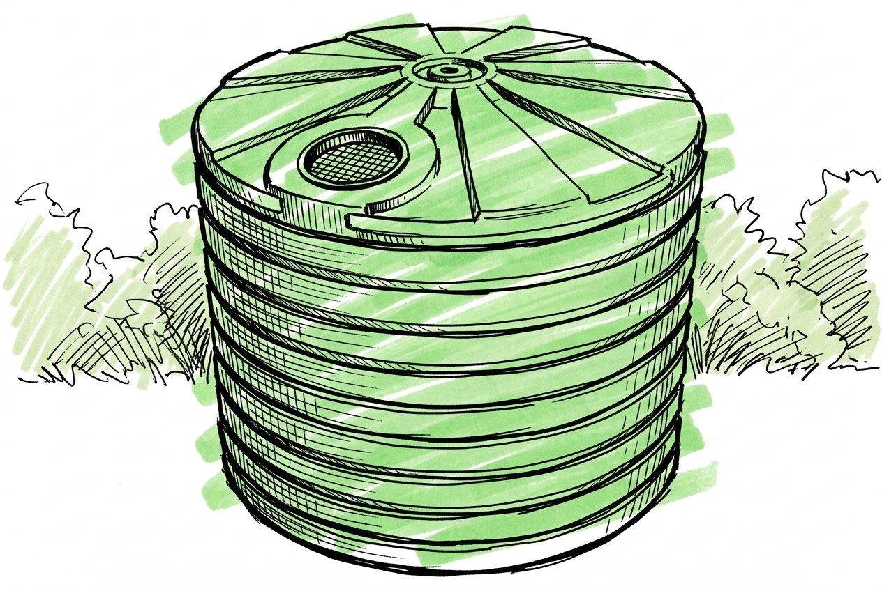 A ribbed cylindrical rainwater tank standing against a hedge.