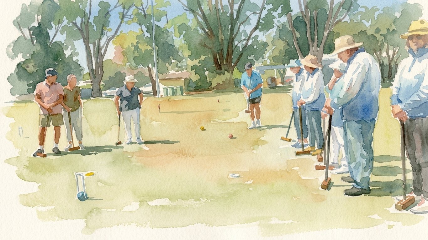 Players gathered at the edge of a club lawn on a bright morning.