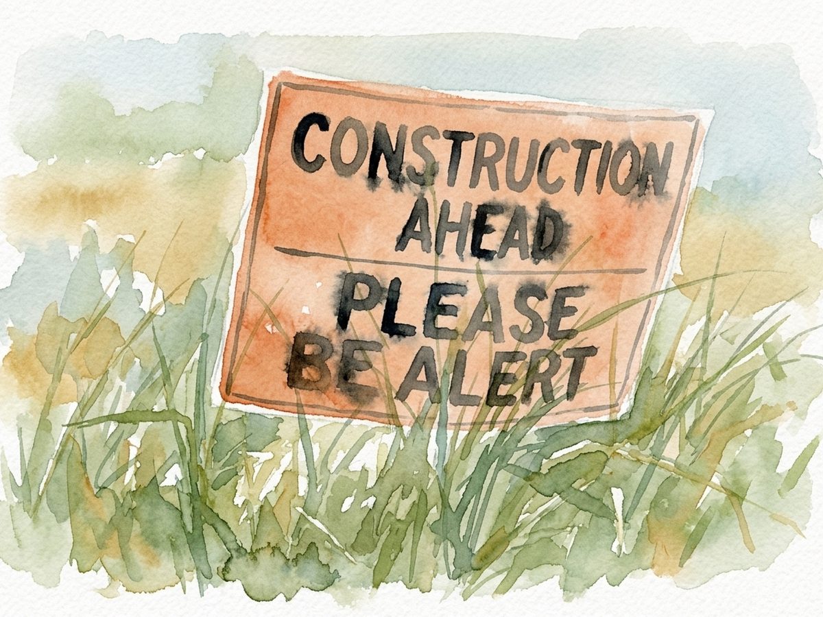 An orange roadside sign reading "Construction ahead, please be alert" in long grass.
