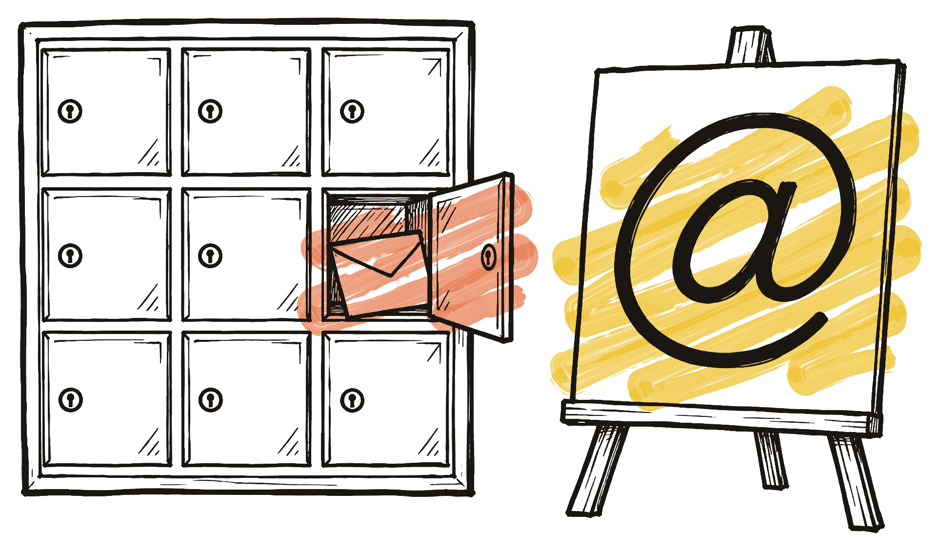 Ink drawing of a bank of post office boxes with one door open and a letter inside, beside a card on an easel showing a large @ sign.