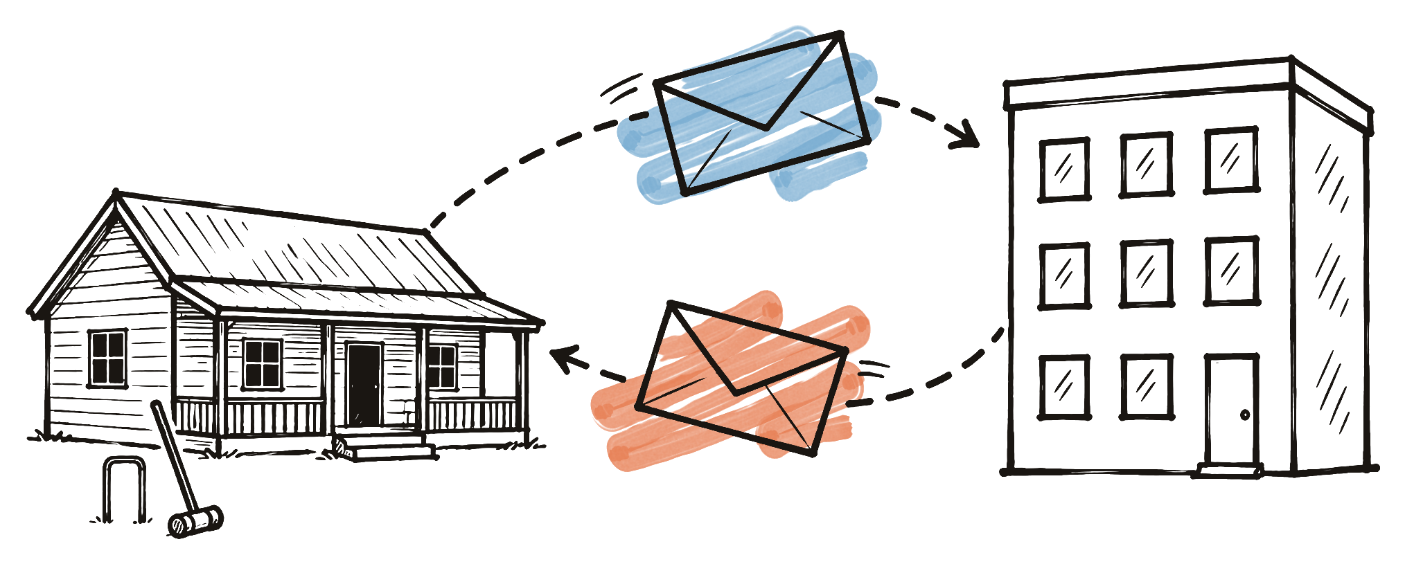 Ink drawing of a letter travelling from a croquet clubhouse to an office building, and a reply travelling back.