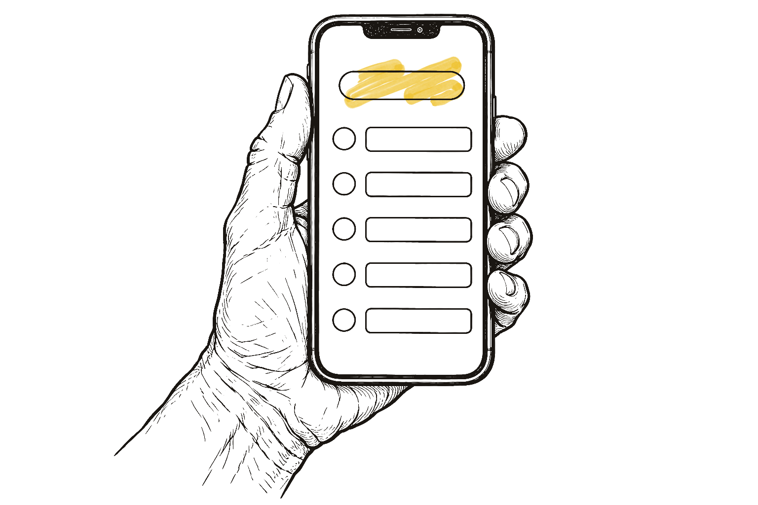 Ink drawing of a hand holding a phone whose screen shows a simple list of members under a single button.