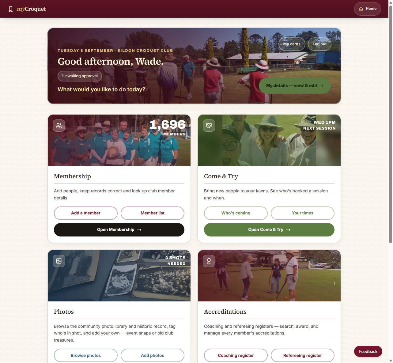 The MyCroquet dashboard with the Feedback button visible at the bottom right.