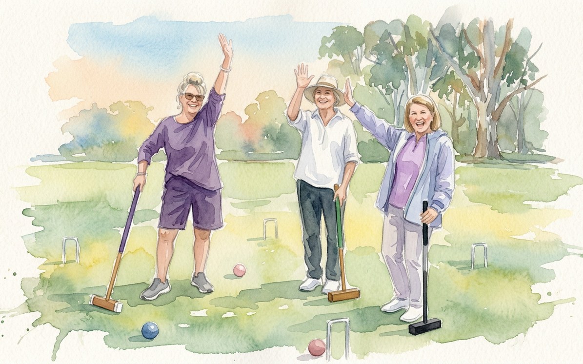 Three croquet players on a club lawn, arms raised and smiling in celebration, with mallets, hoops and balls on the green.