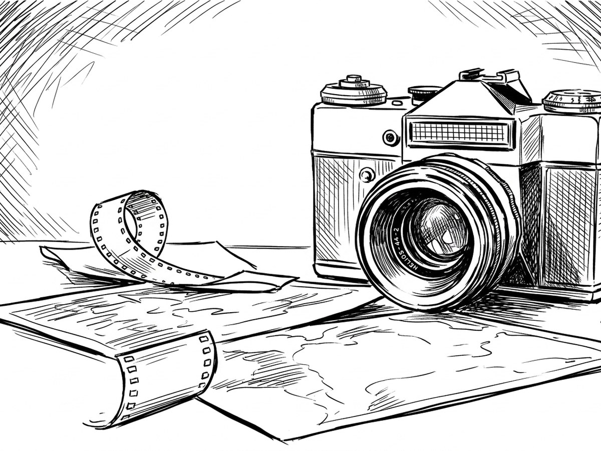 A camera, a strip of film and loose photographs on a desk.