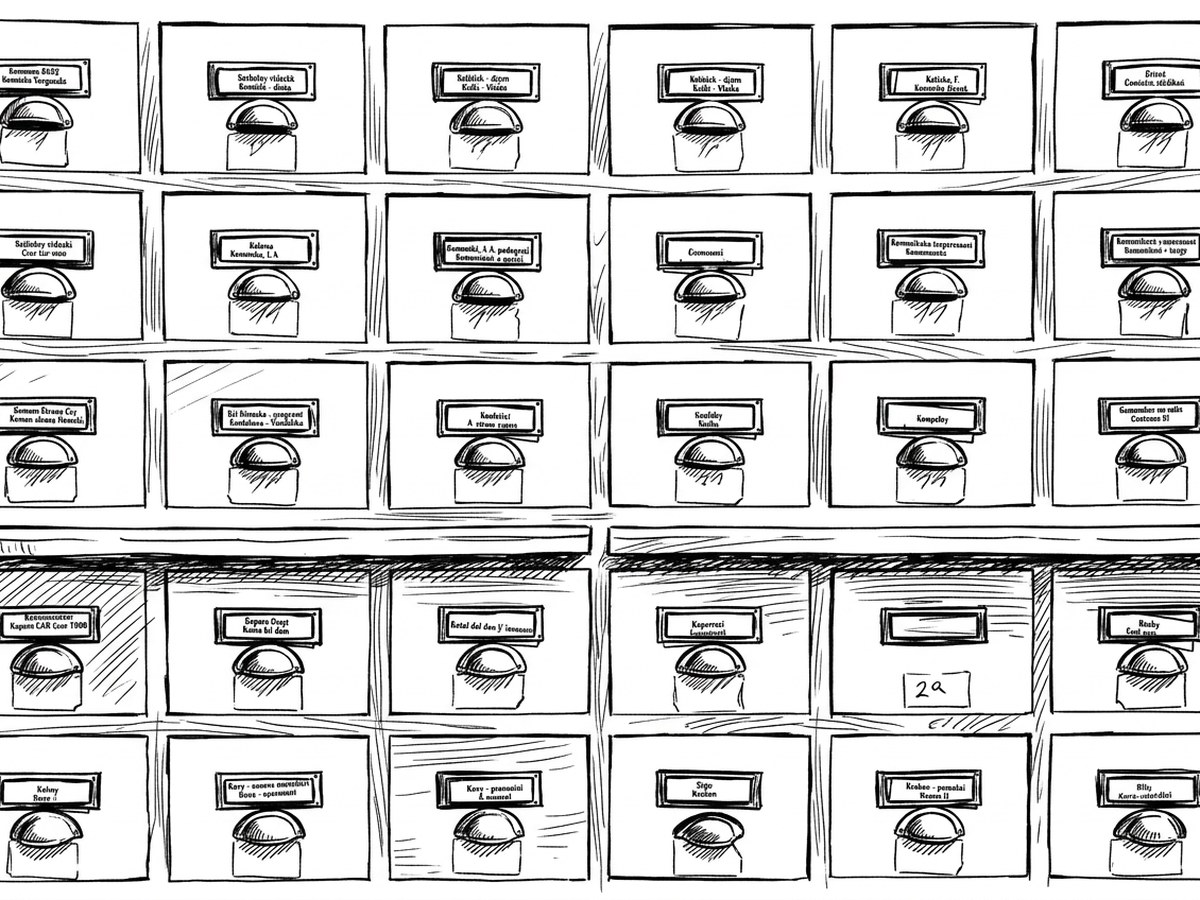 A bank of card-catalogue drawers, each with its own label holder.