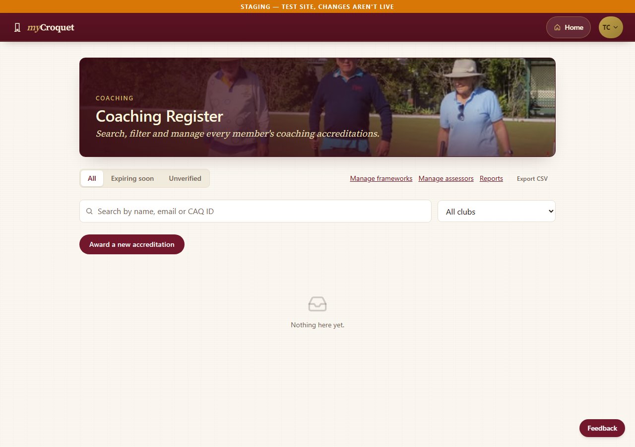 The Coaching Register, the admin-only screen behind the gate — search, award, renew or revoke any member's accreditation