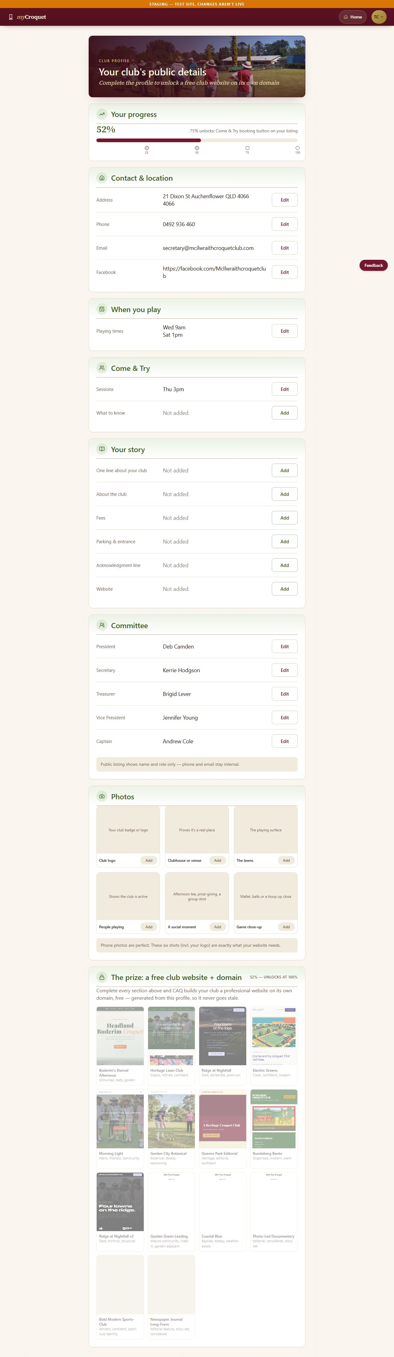 Club Profile page showing every section and the progress bar at the top