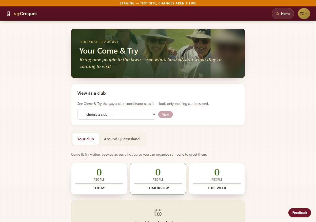 The Come & Try dashboard, showing visitor bookings for a club's own lawn