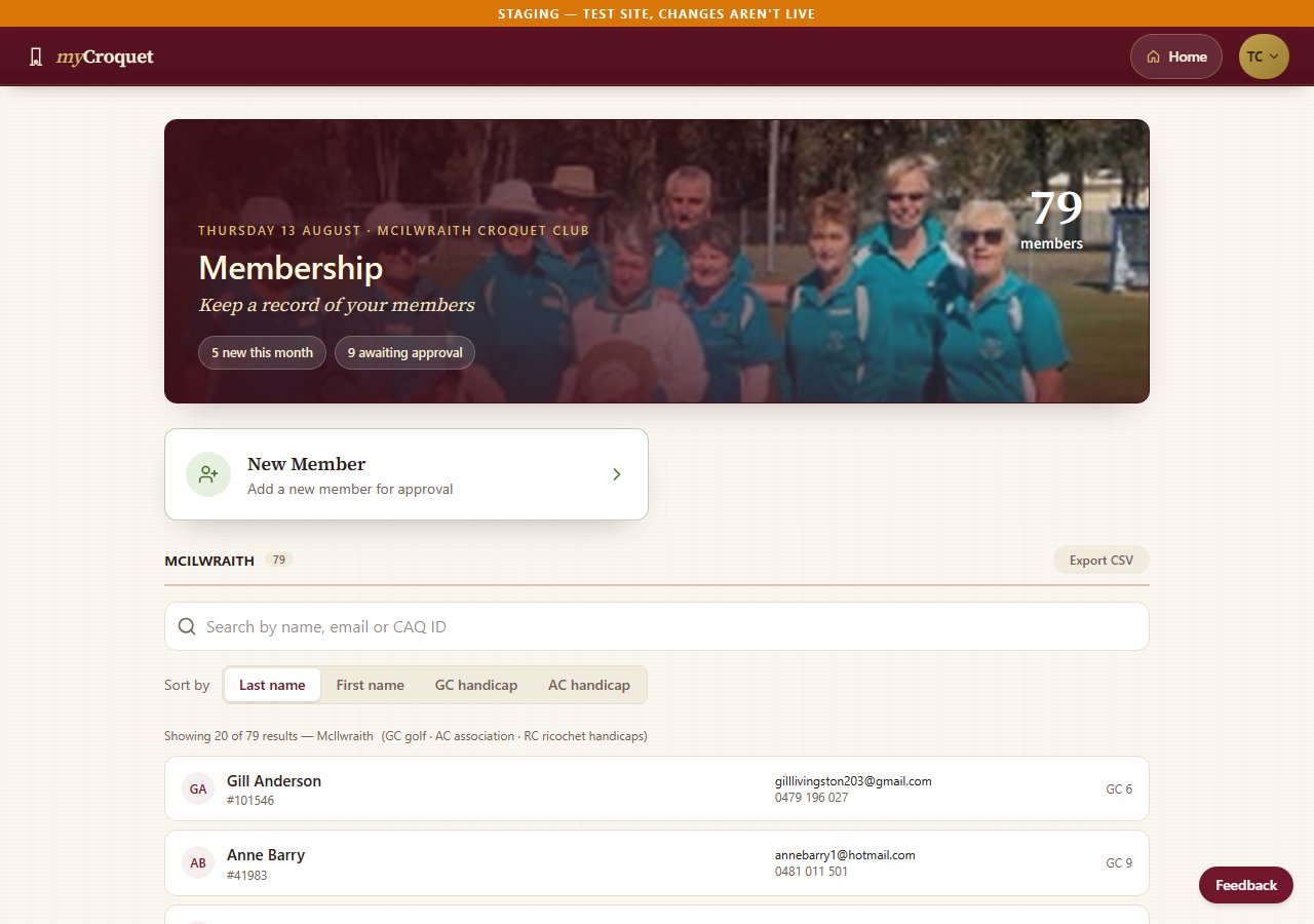 A club secretary's Membership screen, showing their own club's member list and search